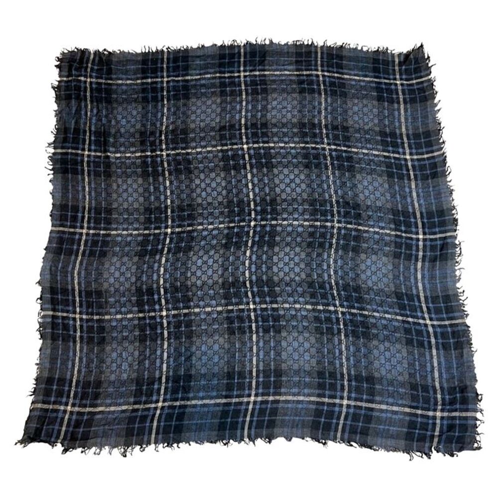 Gucci Plaid GG Supreme Wool Silk Blue Black Big Scarf Fringe